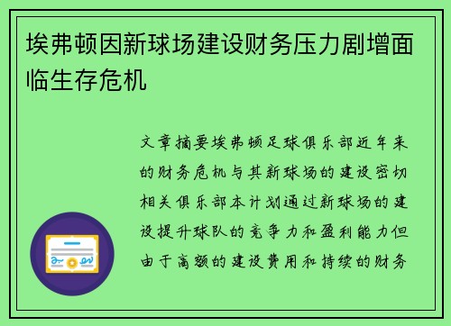 埃弗顿因新球场建设财务压力剧增面临生存危机 埃弗顿因新球场建设财务压力剧增面临生存危机